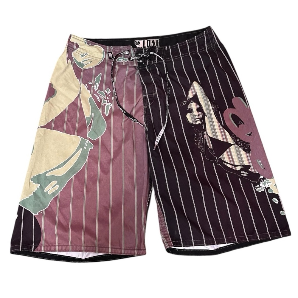 Vintage Lost Board Shorts Masters of Mayhem Pinup Girls Pinstripe Surf Swim Y2K